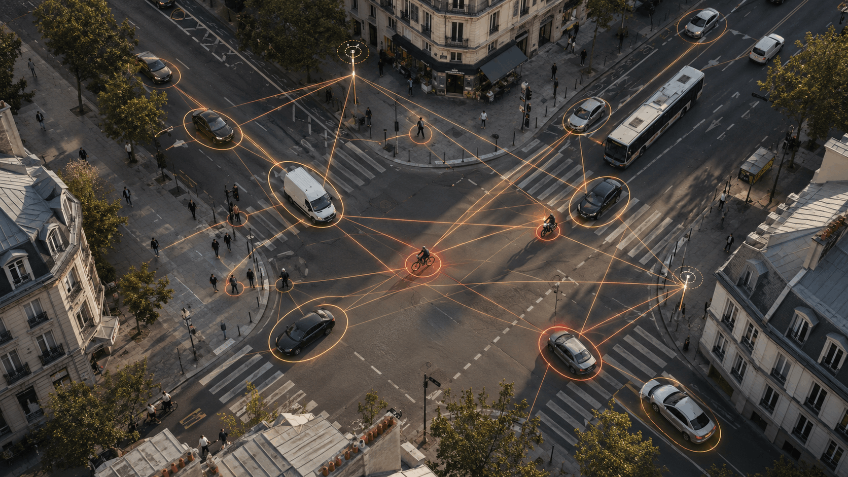Connected vehicles, cyclists, and roadside infrastructure sharing V2X safety information on an urban corridor